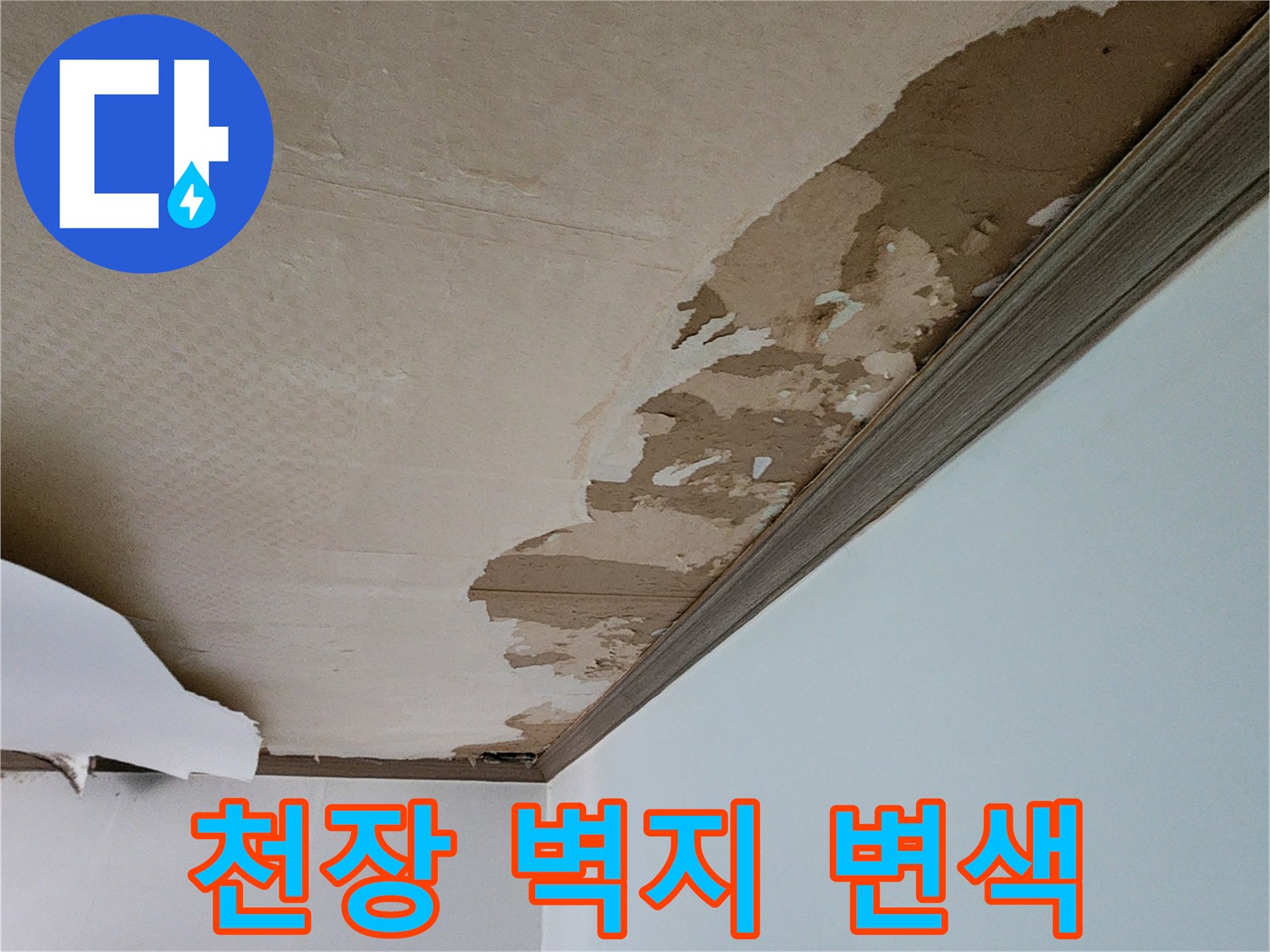 습기로 인해 눅눅해지고 색이 변한 천장 마감재 모습