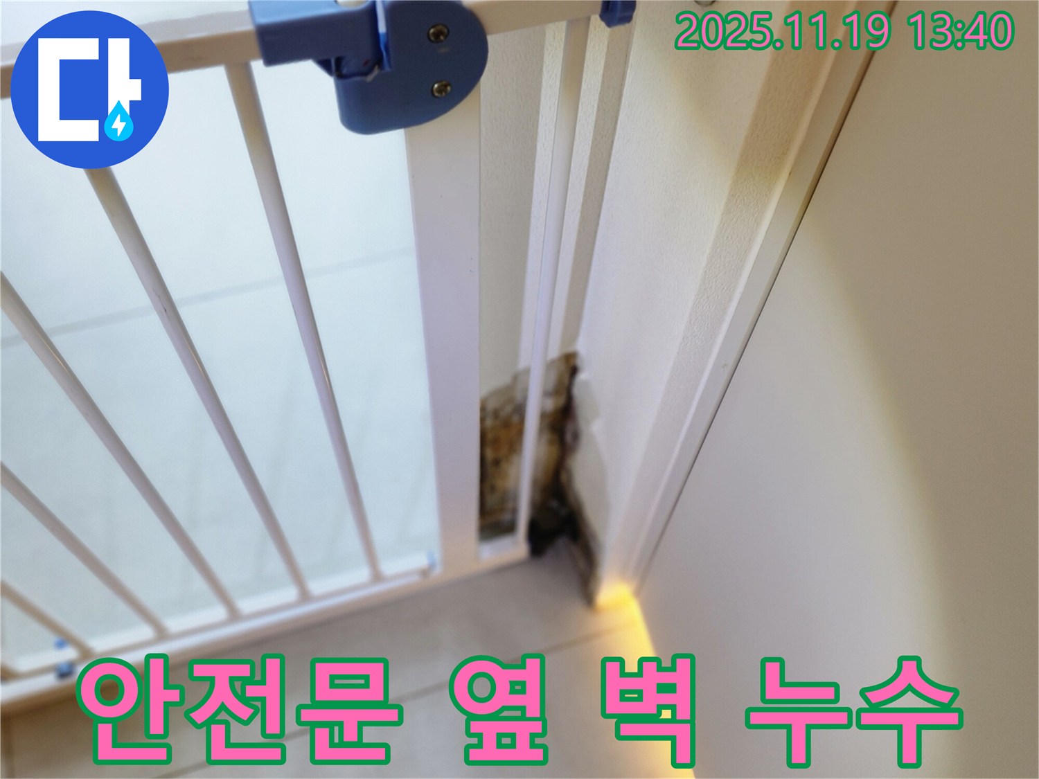 안전 문 옆 벽에 곰팡이가 핀 모습 - 곰팡이 제거와 재발 방지 시공을 약속합니다.