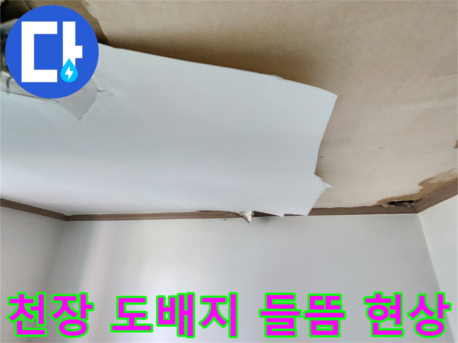 천장-도배지가-물에-젖어-넓게-들떠있는-모습