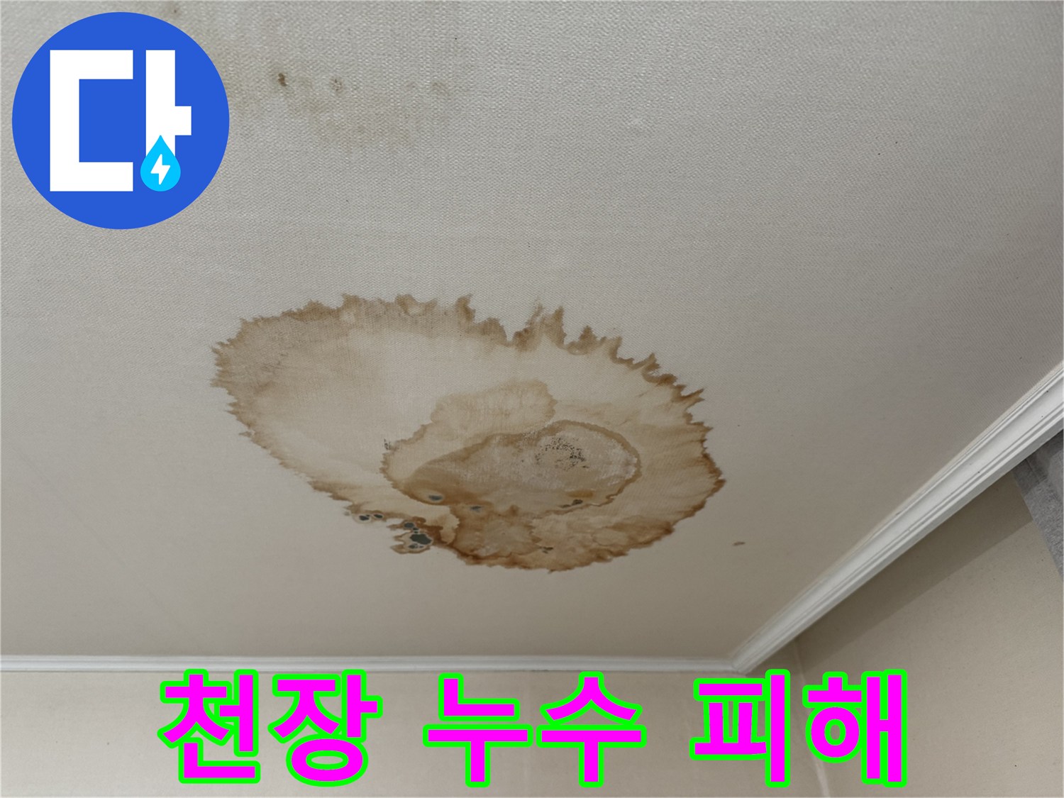 서대문구 세검정로에서 발생한 천장 누수 피해 - 물에 젖어 처진 천장과 떨어진 벽지를 보여주는 사진