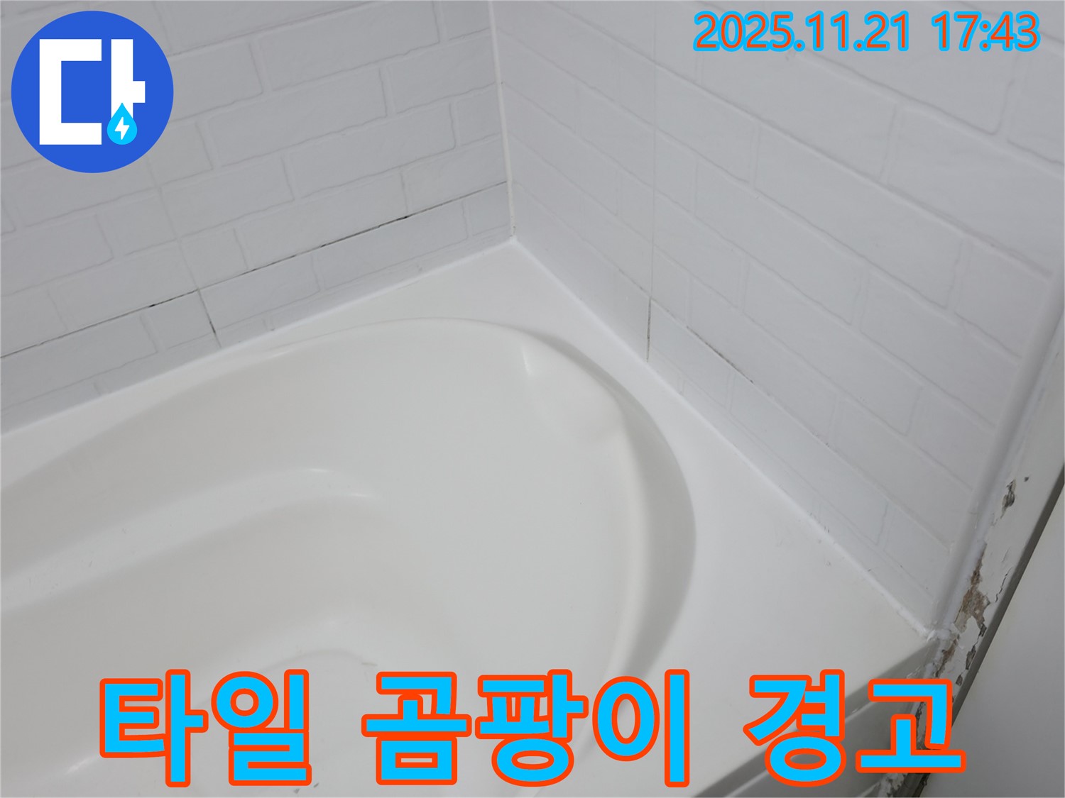 세검정 욕조 - 곰팡이 슨 타일 틈새 - 누수 위험 경고등
