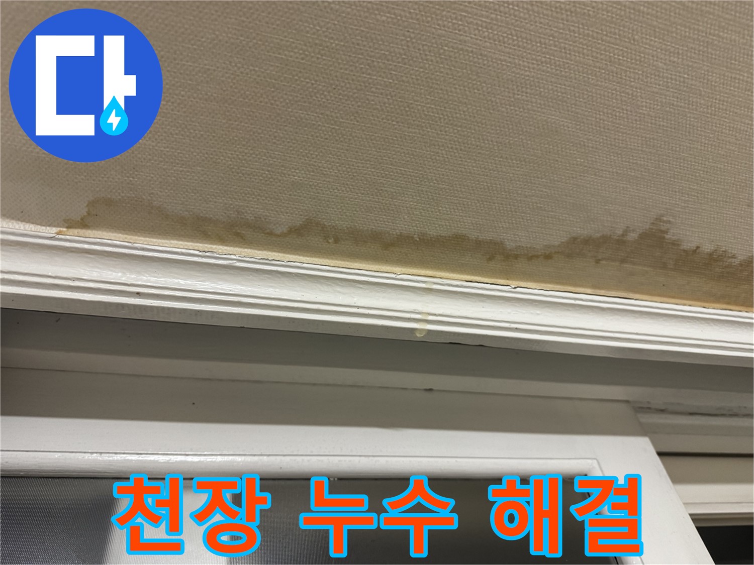 천장 누수로 인한 벽지 젖음 - 누수 해결의 시급성을 보여주며 - 전문가의 도움이 필요함을 강조합니다.