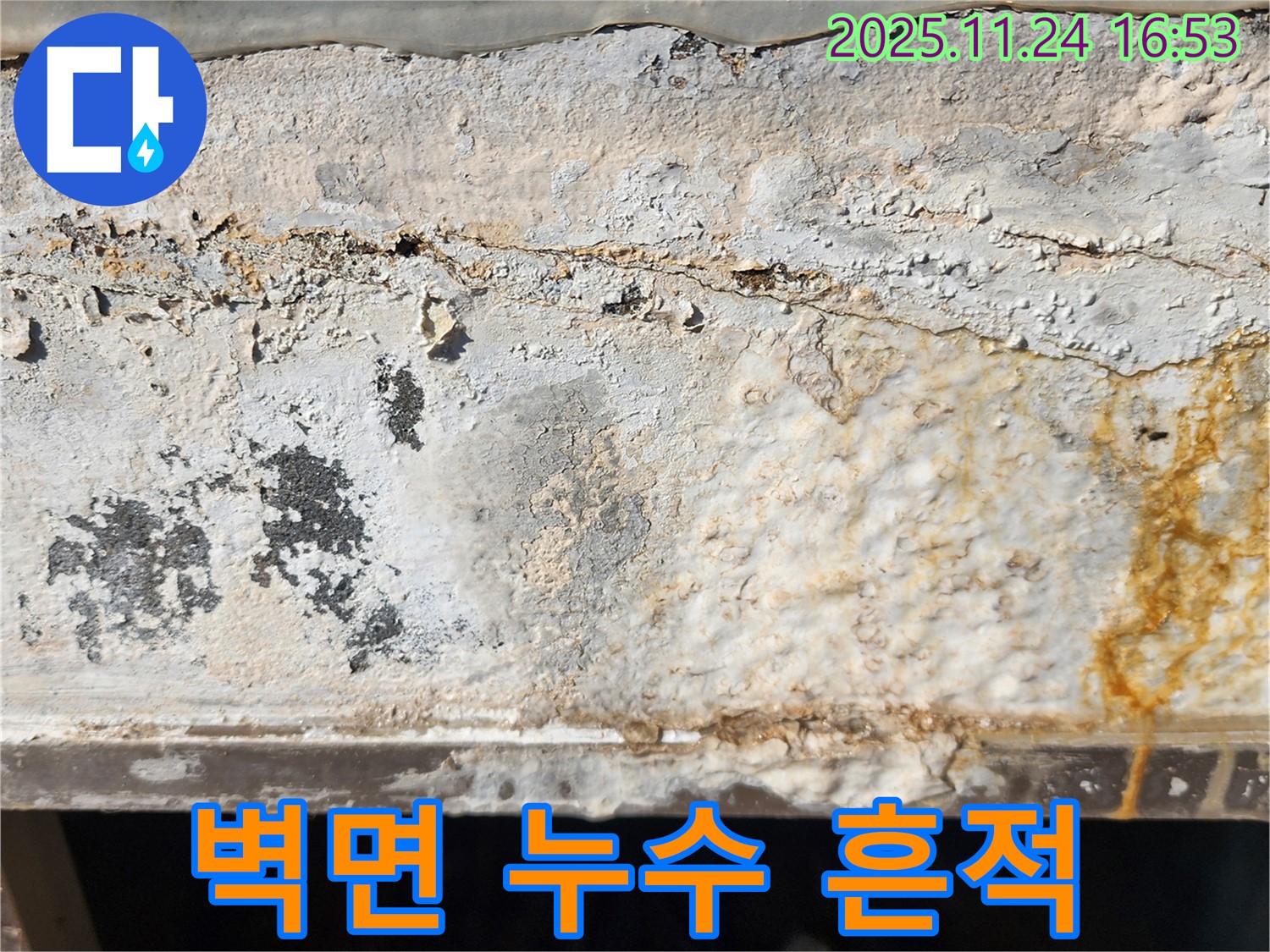 벽면의 누수 흔적 - 오래된 누수로 인해 벽에 물 얼룩과 곰팡이가 발생한 모습입니다.