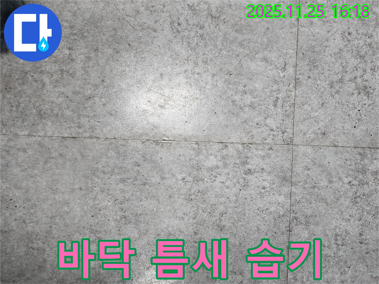 포천시 신북면에서 콘크리트 바닥 틈새에 습기가 차 있는 모습 - 습기와 누수의 증거입니다.