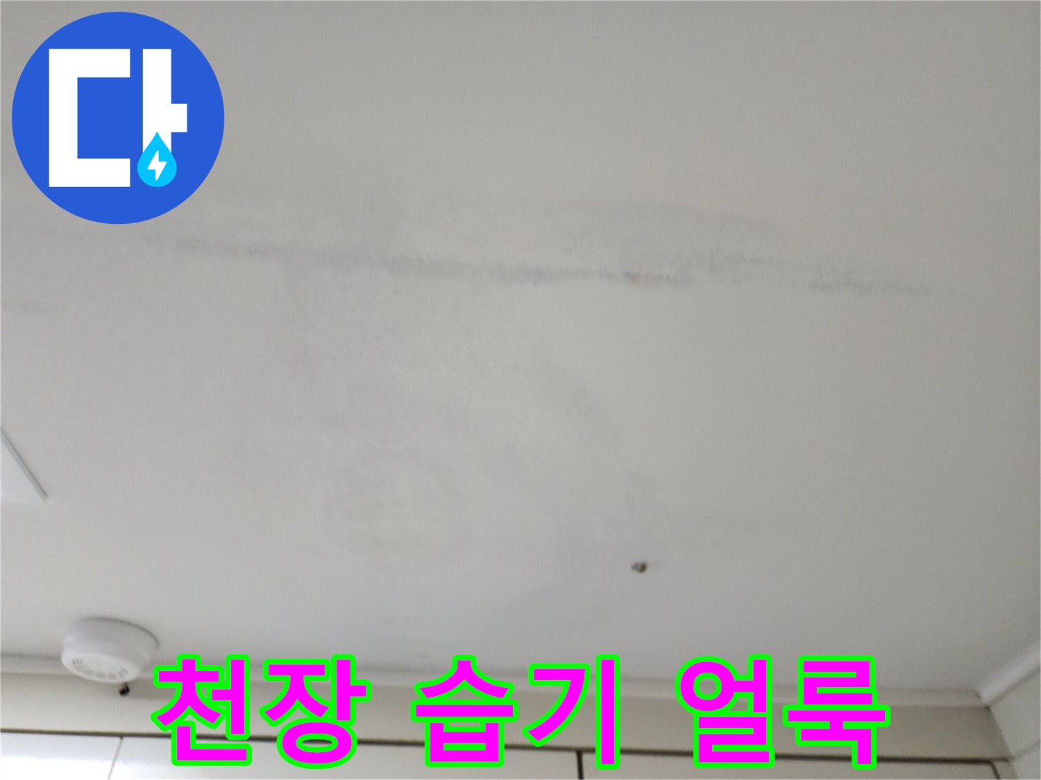 물샘 현상으로 인해 넓게 번진-천장의 변색된 오염 부위입니다.