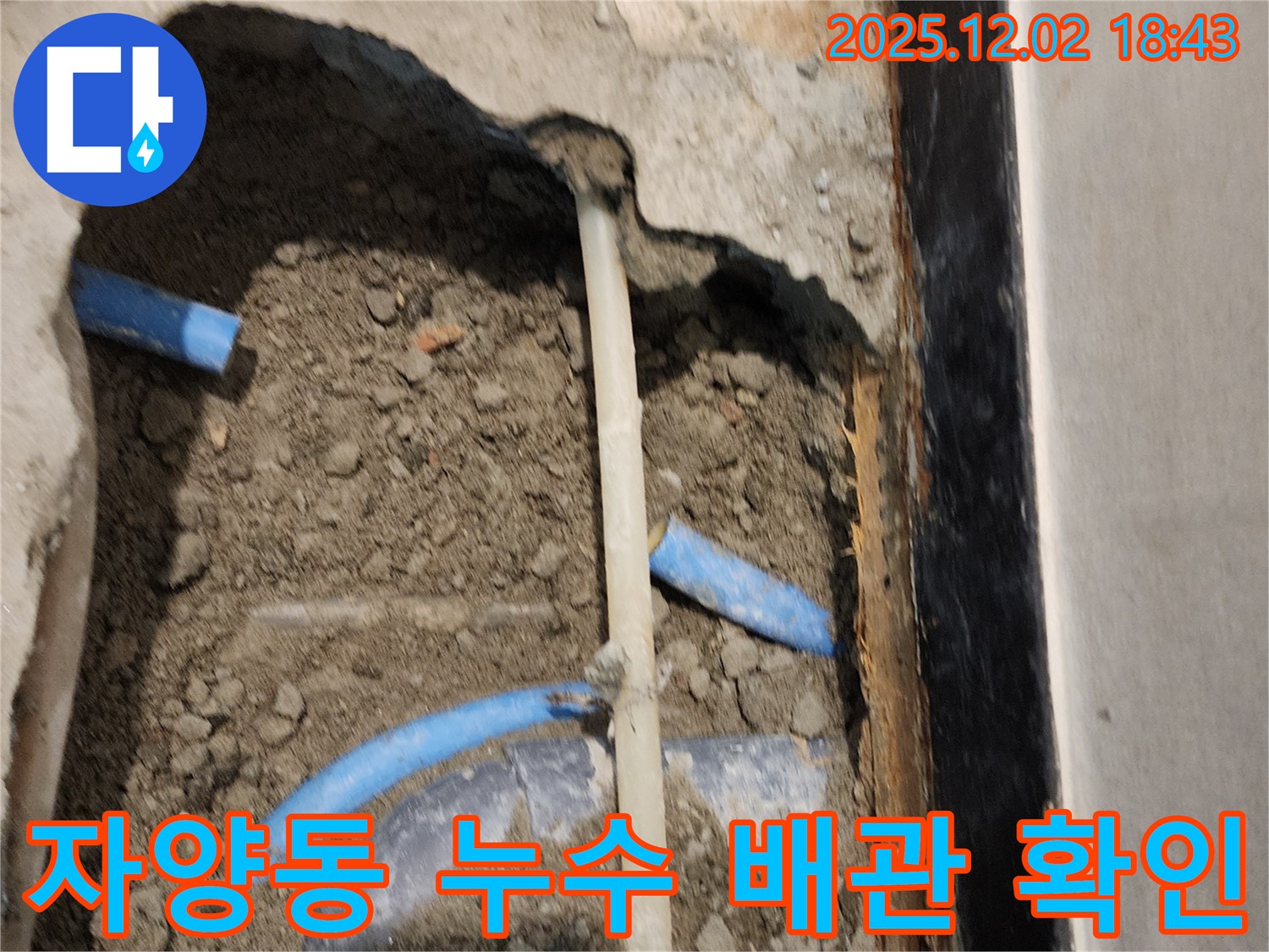 자양동 누수 현장 - 문제의 배관을 찾아 누수 원인을 분석하고 있습니다.