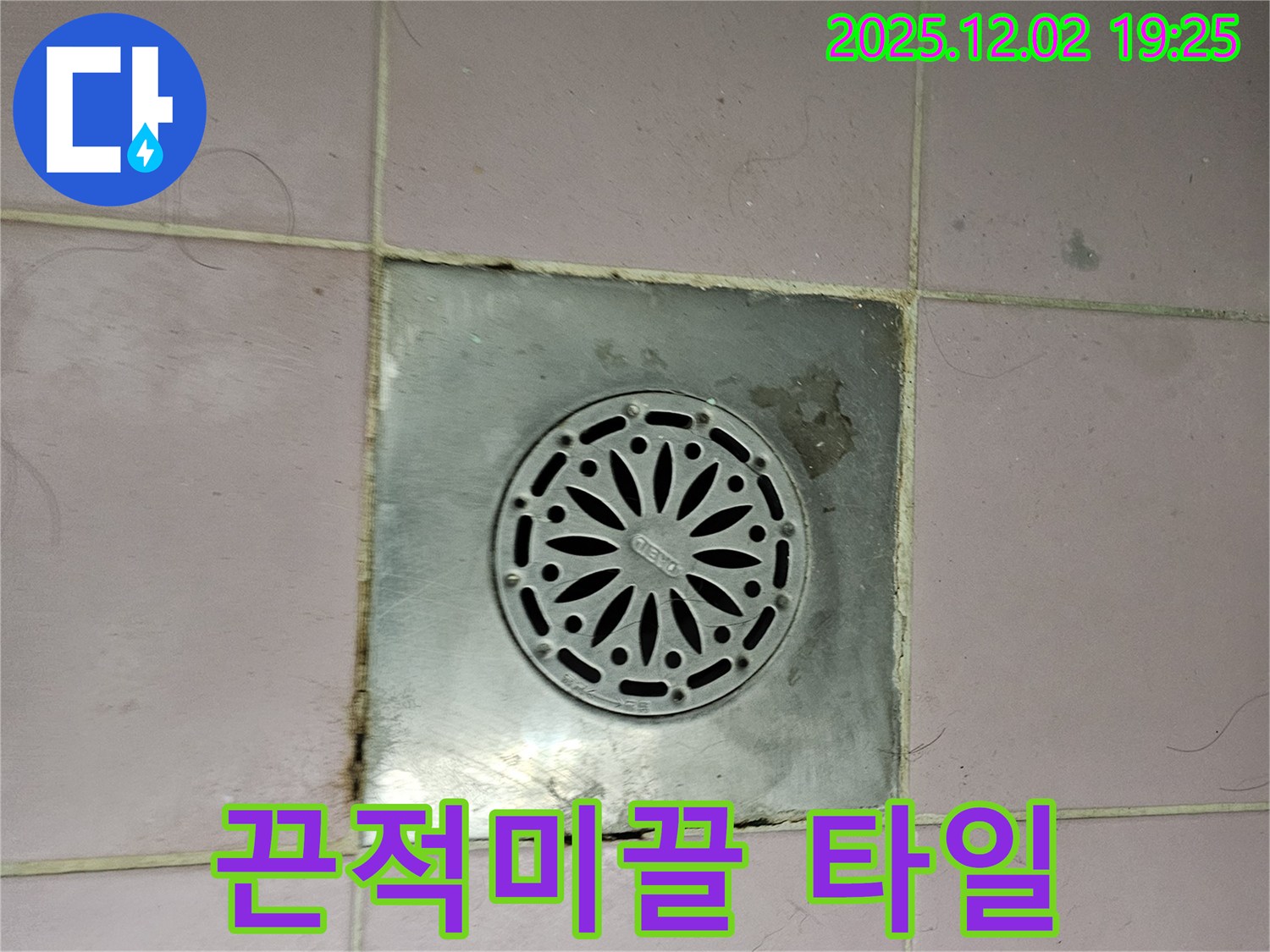 욕실 배수구 주변 타일이 끈적거리고 미끌거림 - 누수로 인해 물때와 곰팡이가 생겼을 수 있습니다.