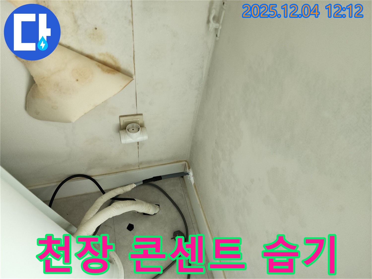 경기도 포천시 일동면 기산리 주택 누수 - 곰팡이 핀 천장과 콘센트 주변 습기를 꼼꼼히 점검하고 있습니다.