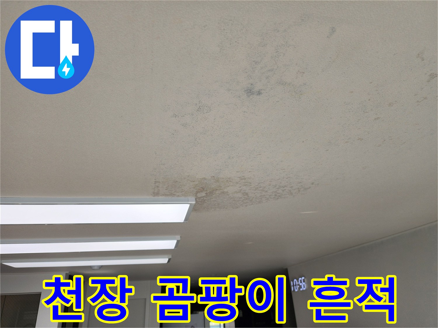 거실 천장 마감재에 나타난 습기 오염 및 변색 부위