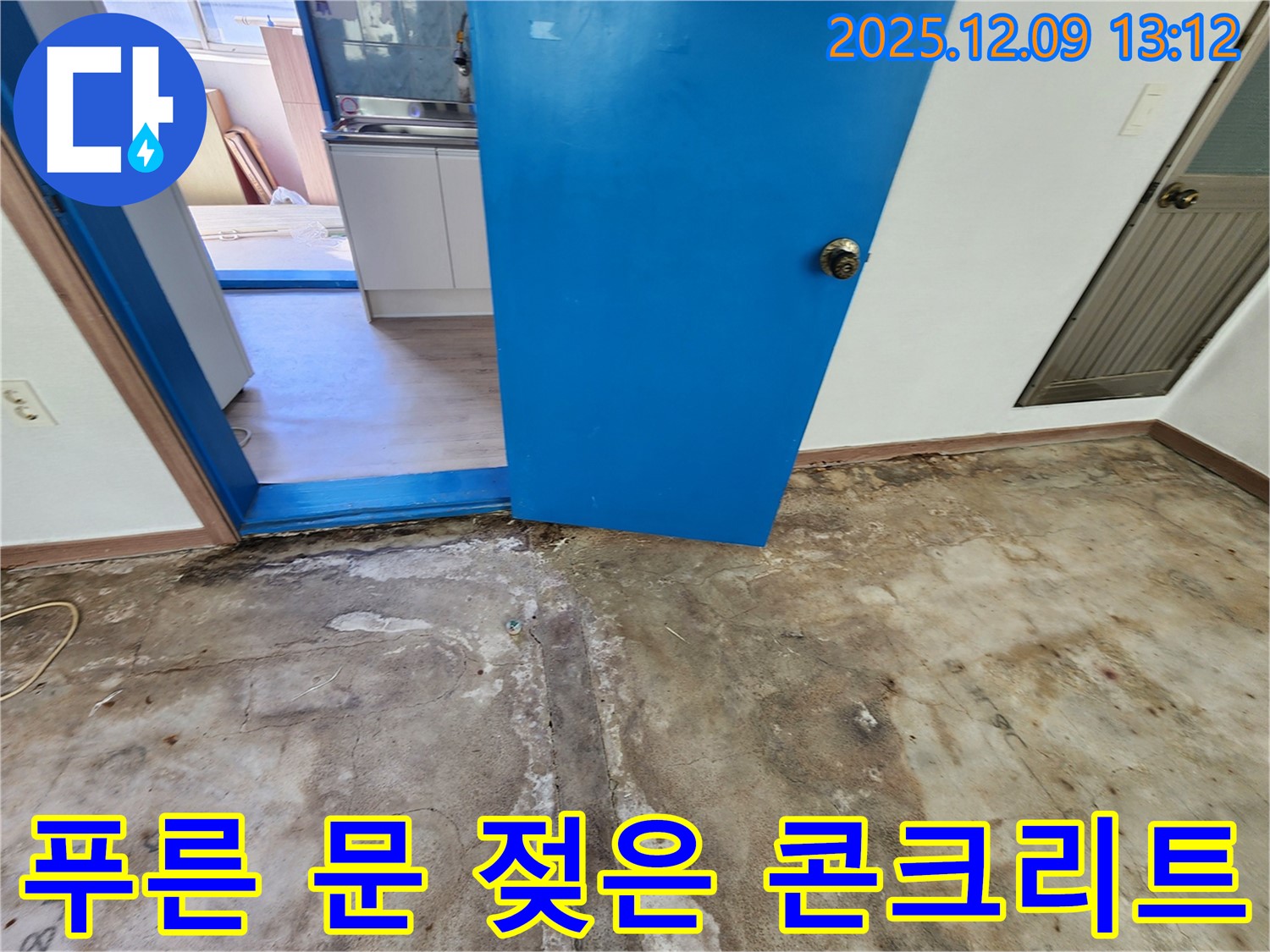 영중면 성동리 누수탐지 - 푸른 문 주변 젖은 콘크리트 확인