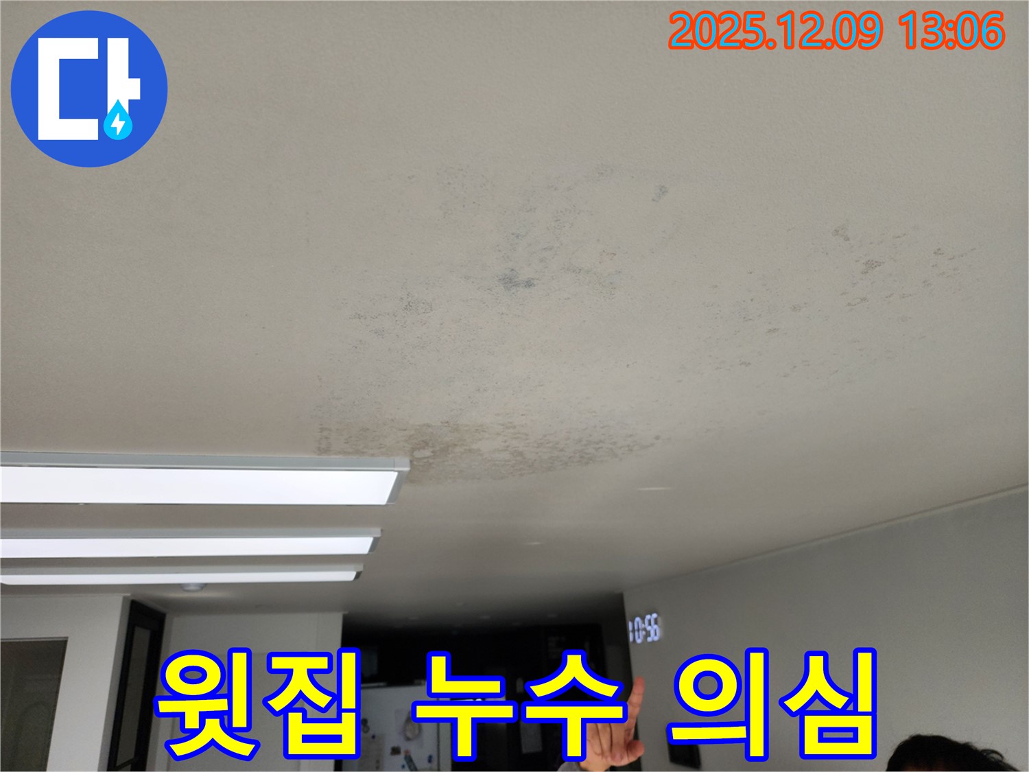 윗집 누수 의심 - 성동리 누수 현장에서 천장 습기, 윗집 문제일 가능성이 있습니다.