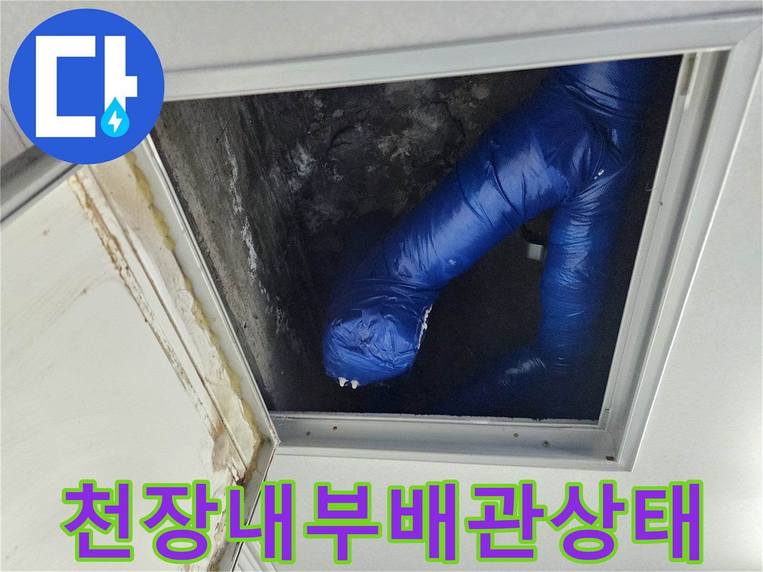 점검구 안쪽 파란색으로 감싸진 배관의 누수 흔적