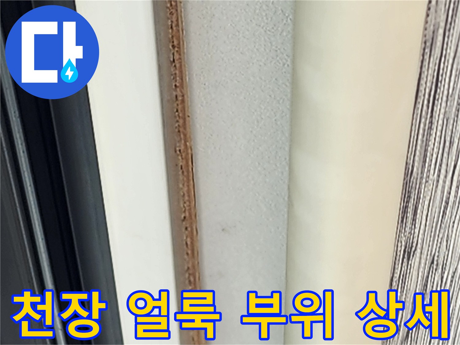 천장 면에 나타난 짙은 색의 물자국과 오염 상태입니다.