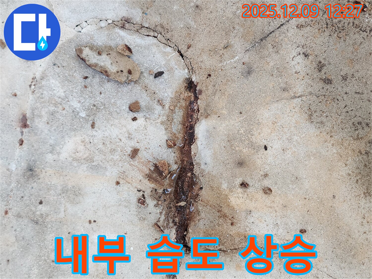 콘크리트 누수로 인한 건물 내부 습도 상승 - 곰팡이 발생 위험 증가.