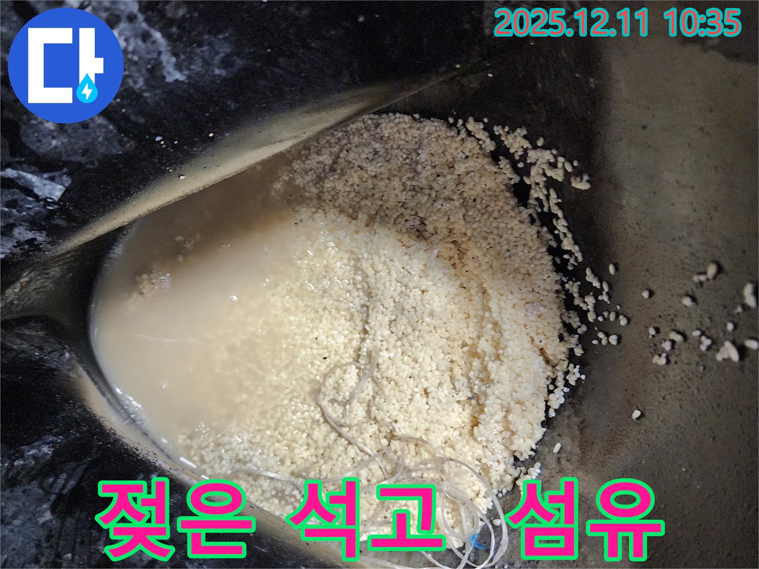 남궁리 누수 현장 - 젖은 석고 가루 속에 섬유가 섞여 있는 모습 - 예상치 못한 누수 원인일 수도 있습니다.