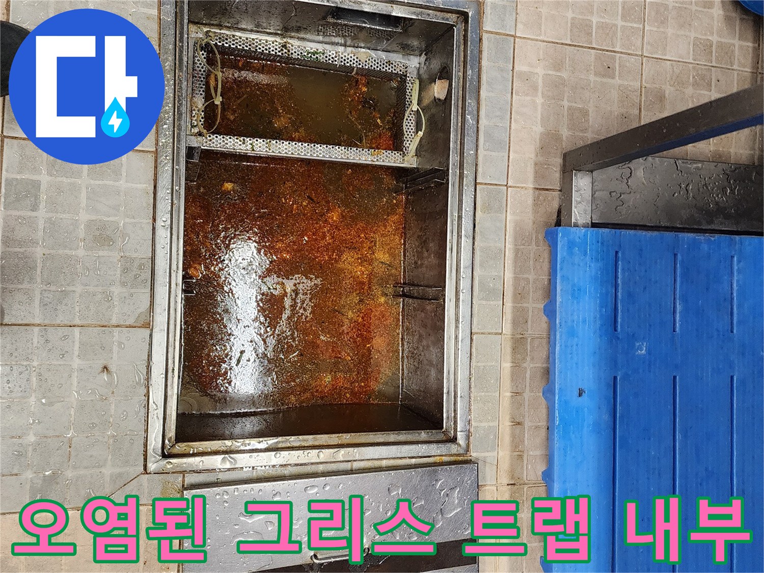 그리스 트랩의 모습-갈색 슬러지가 가득 차 있는 상태입니다.