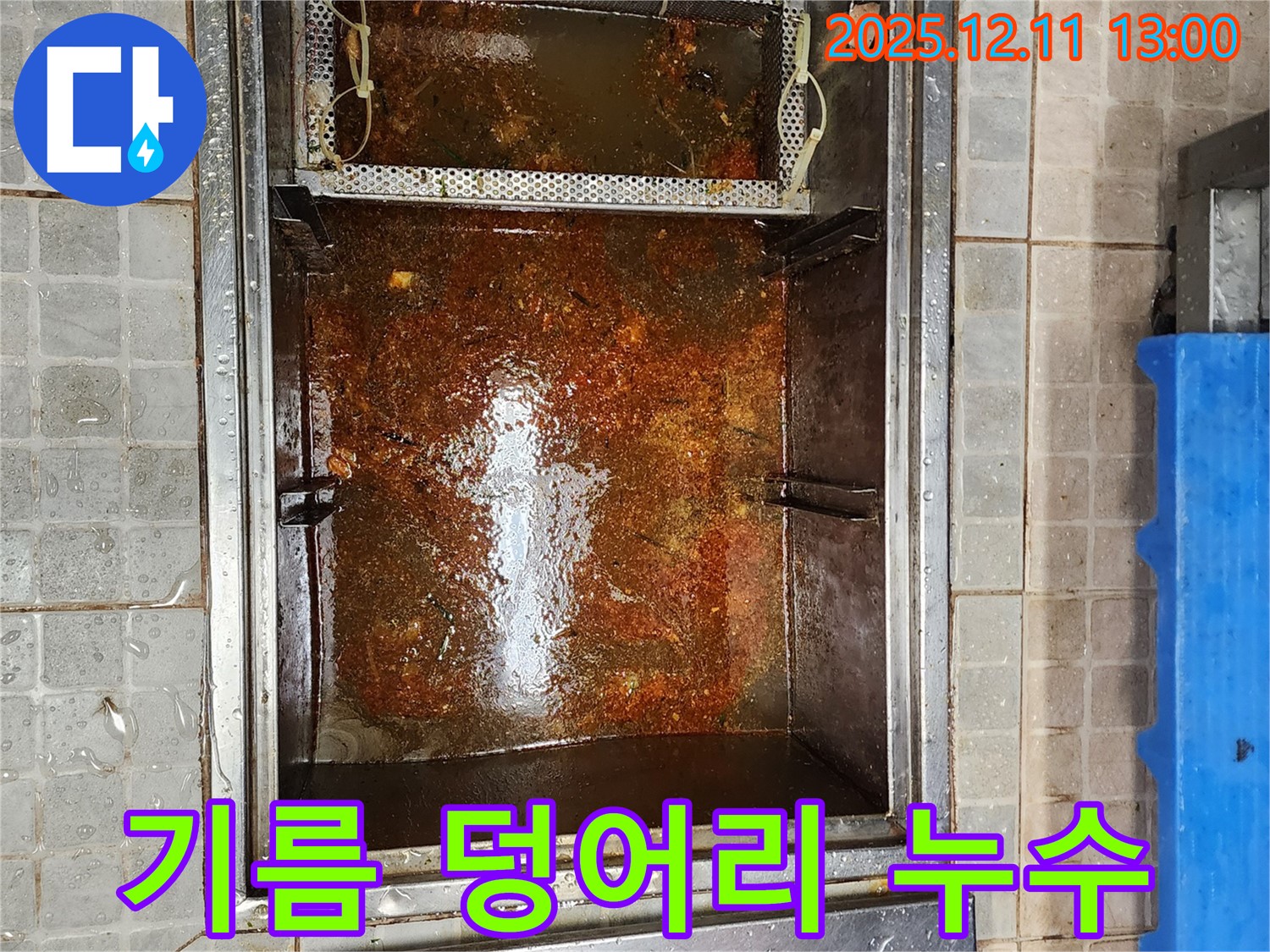 심각한 기름 덩어리로 막힌 하수구 누수 현장입니다 - 고압 세척으로 깨끗하게 해결합니다.