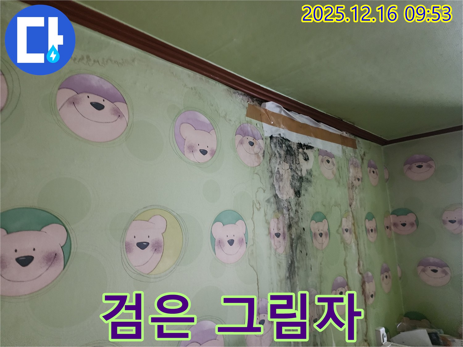 곰팡이가 아이 방 벽에 검은 그림자처럼 드리워진 모습 - 곰팡이 제거와 함께 밝고 긍정적인 분위기를 만들어 드립니다.