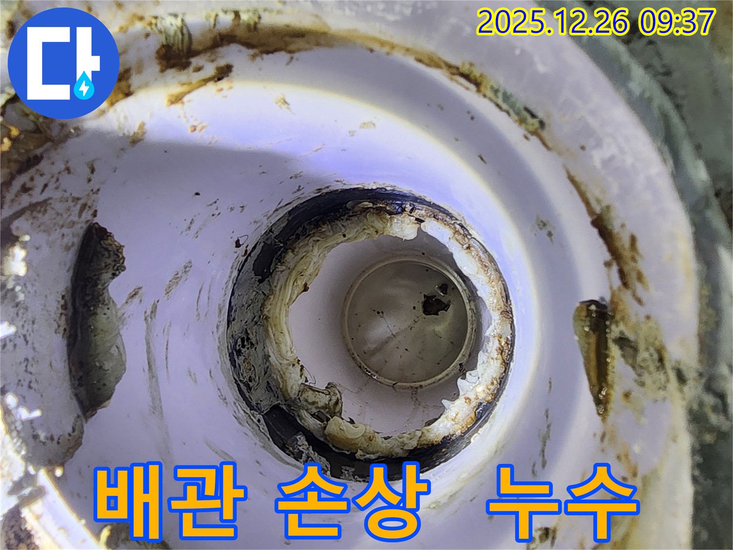 노원구 상계1동 누수 - 배관 손상으로 인해 누수가 발생한 부분을 클로즈업하여 보여줍니다.