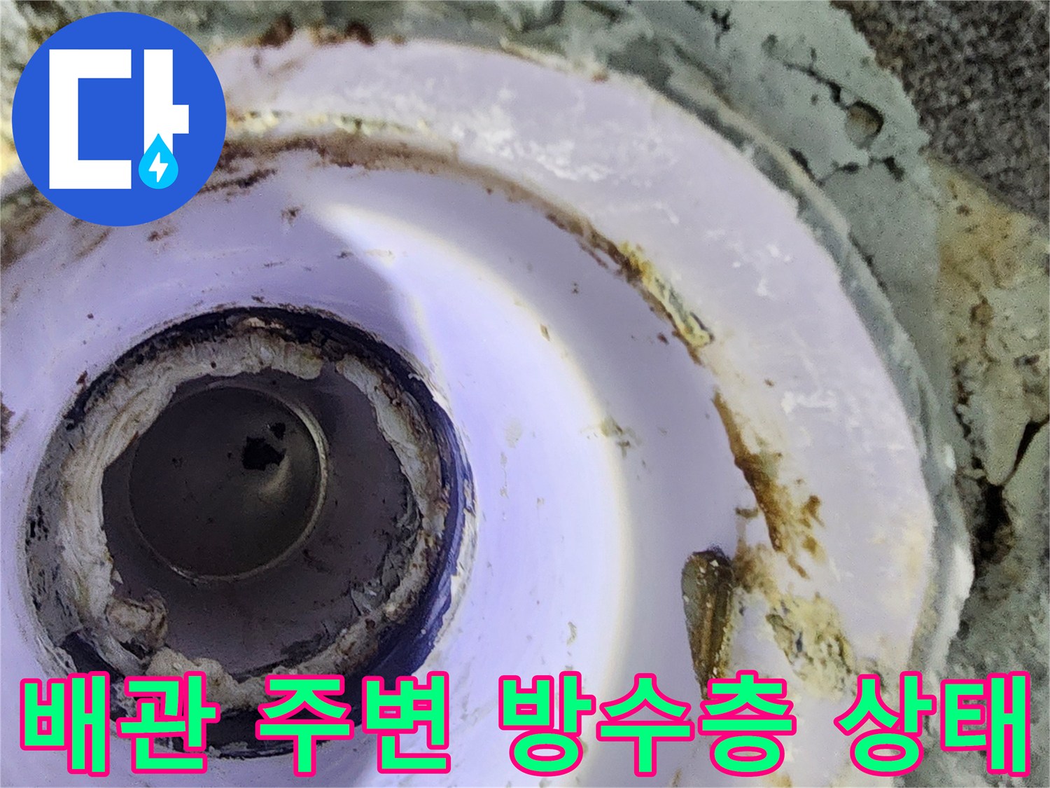 욕실 하수구 배관 주변의 노후된 방수층과 오염된 상태를 보여주는 사진입니다.