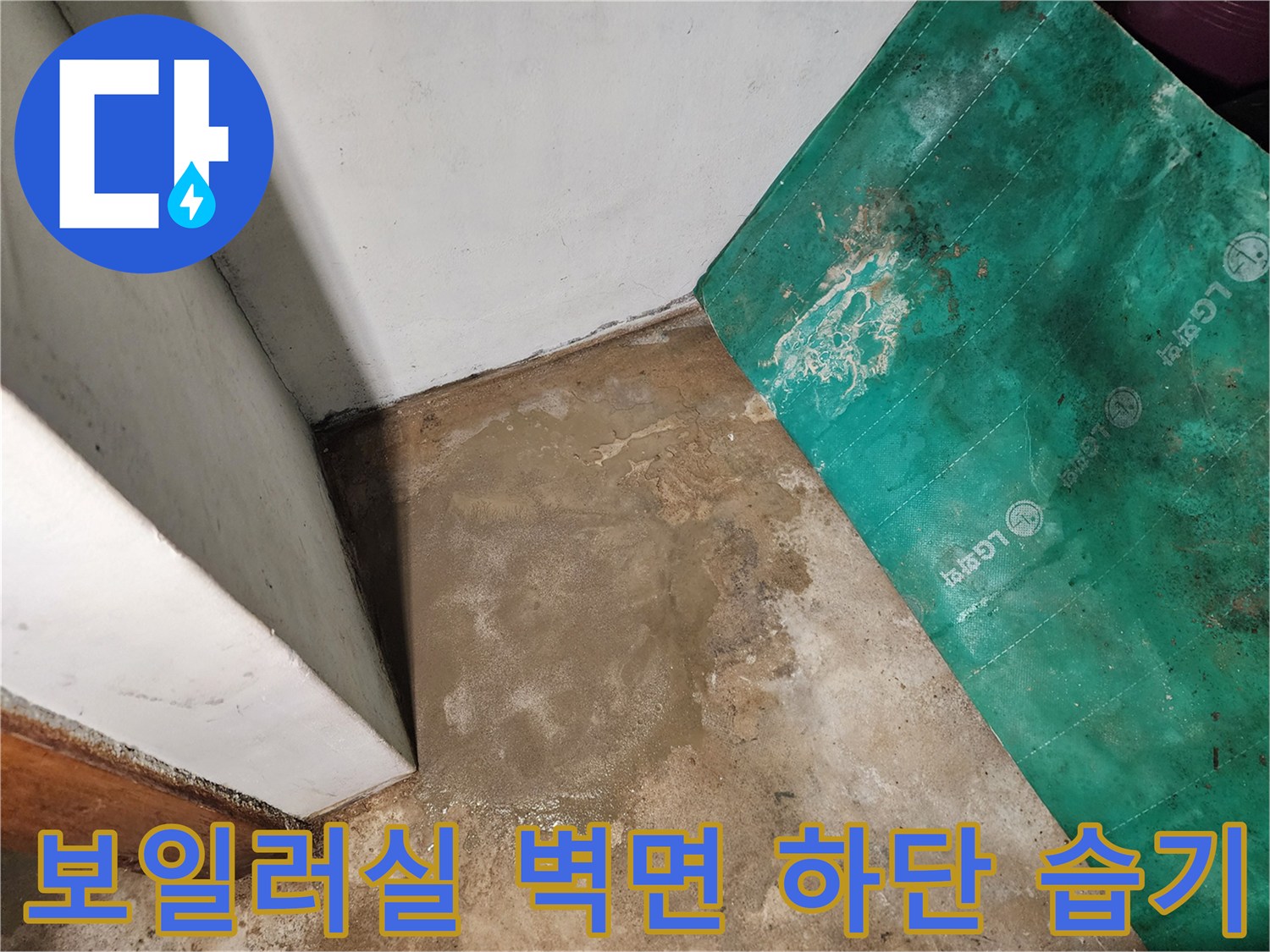 습기가 올라온 보일러실 벽체와 젖은 바닥의 경계 부위