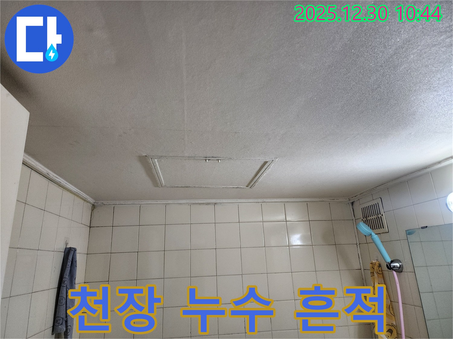 신길동 삼성아파트 욕실 천장 누수 - 천장에 생긴 누수 자국과 젖은 흔적을 보여주는 사진입니다 - 누수 범위와 심각성을 파악하는 데 중요한 자료입니다.