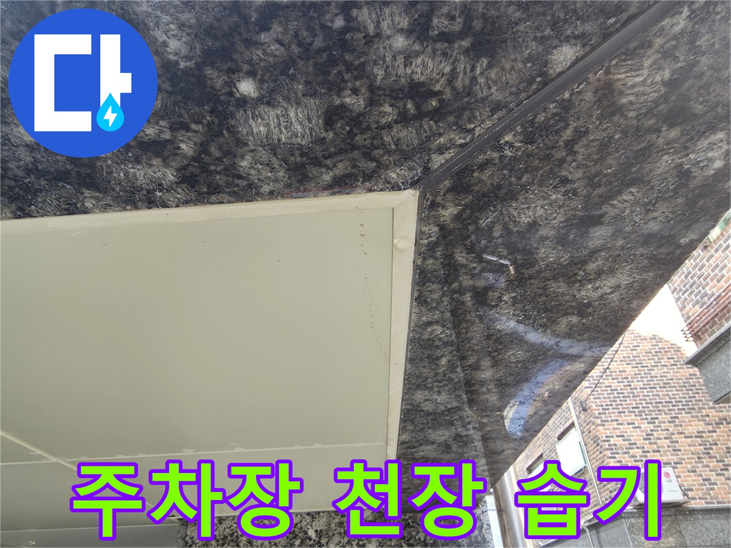 천장 마감재 경계 부분의 젖은 상태와 누수 흔적 사진