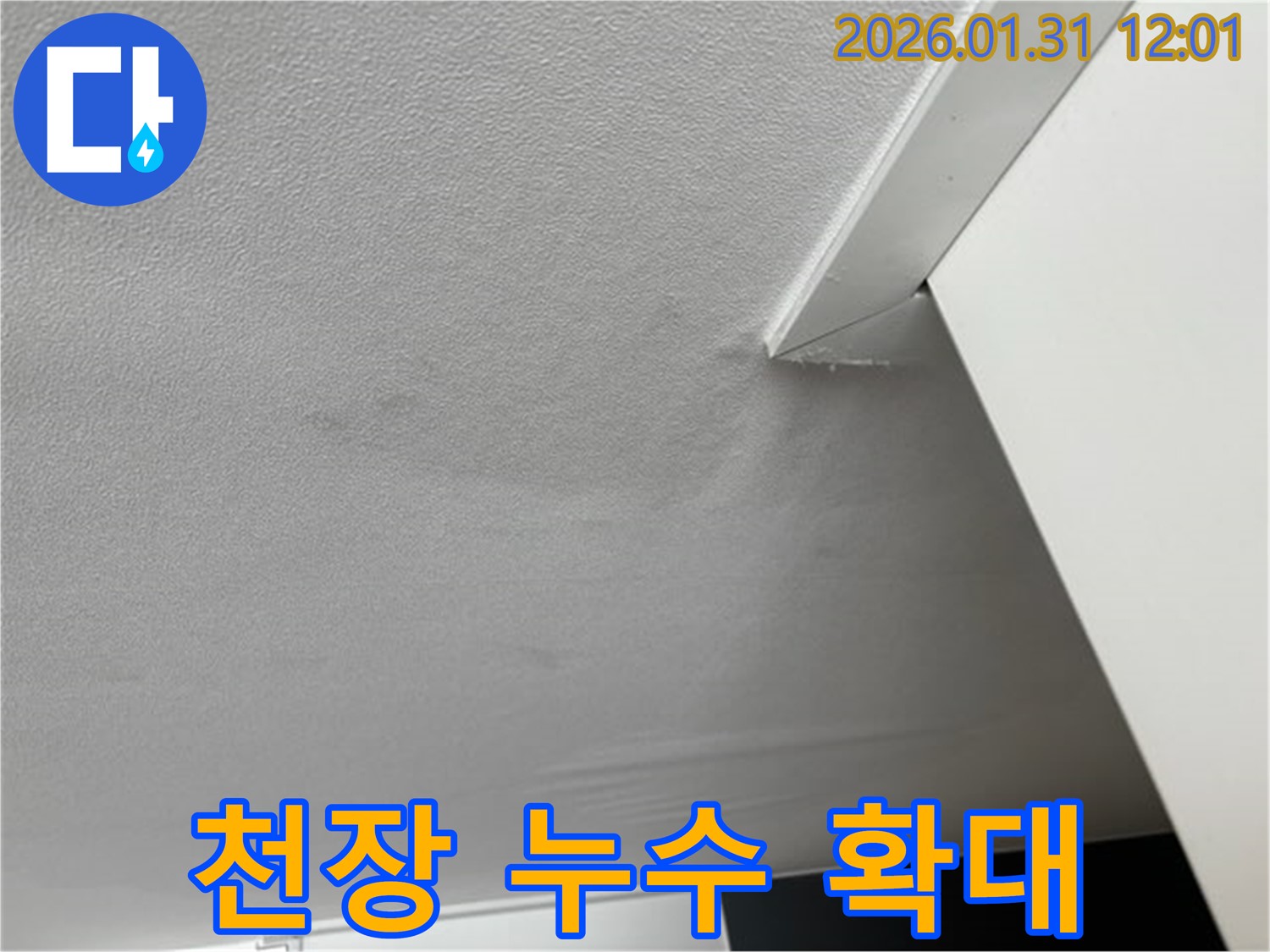 천장 누수 확대 - 천장 누수 부위를 확대한 사진입니다. 누수의 심각성을 보여주며, 정확한 진단과 시공이 필요함을 강조합니다.