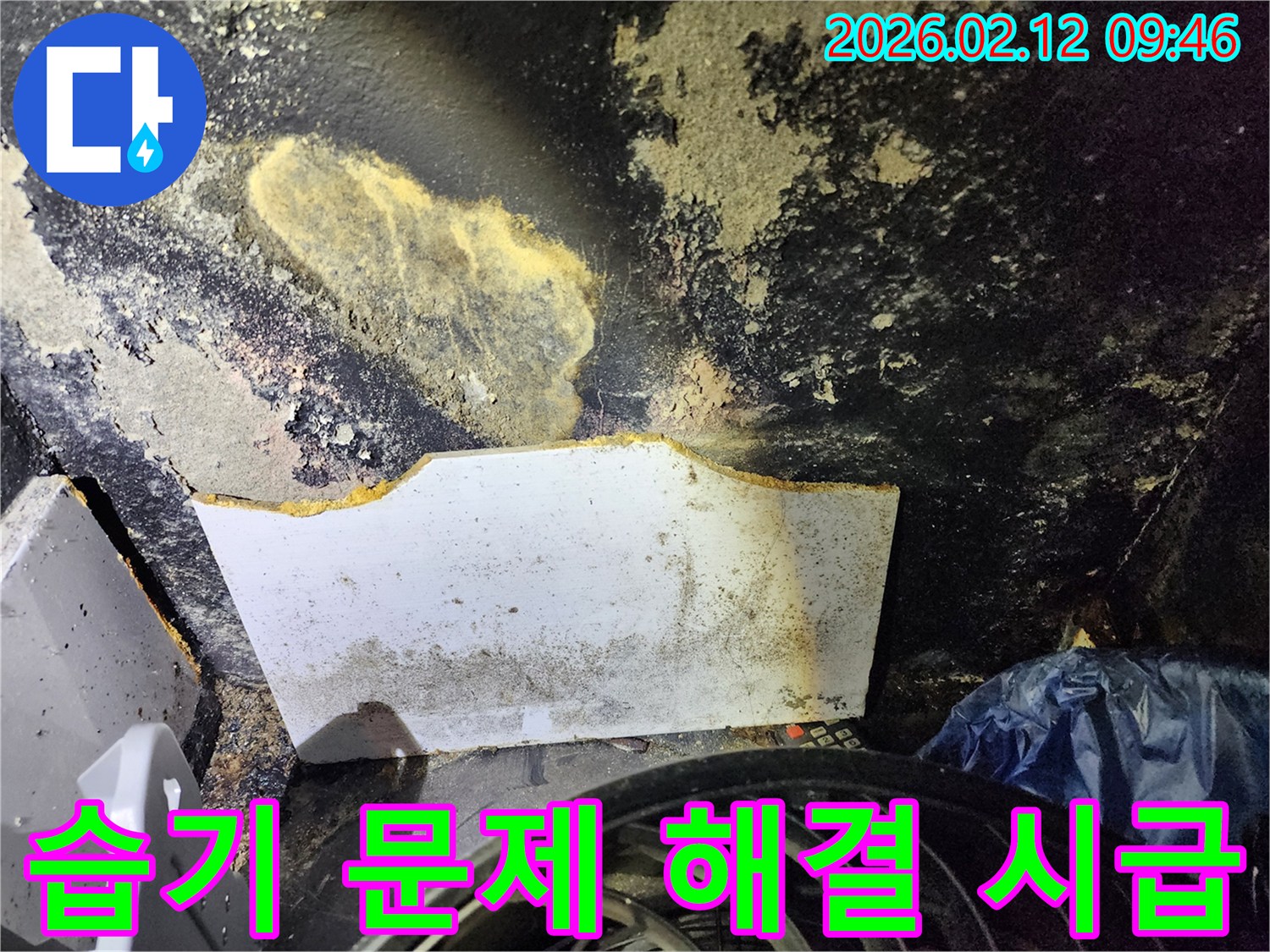 물-누수로-인해-벽면이-심하게-오염되고-마감재가-떨어져-나간-손상된-공간의-모습