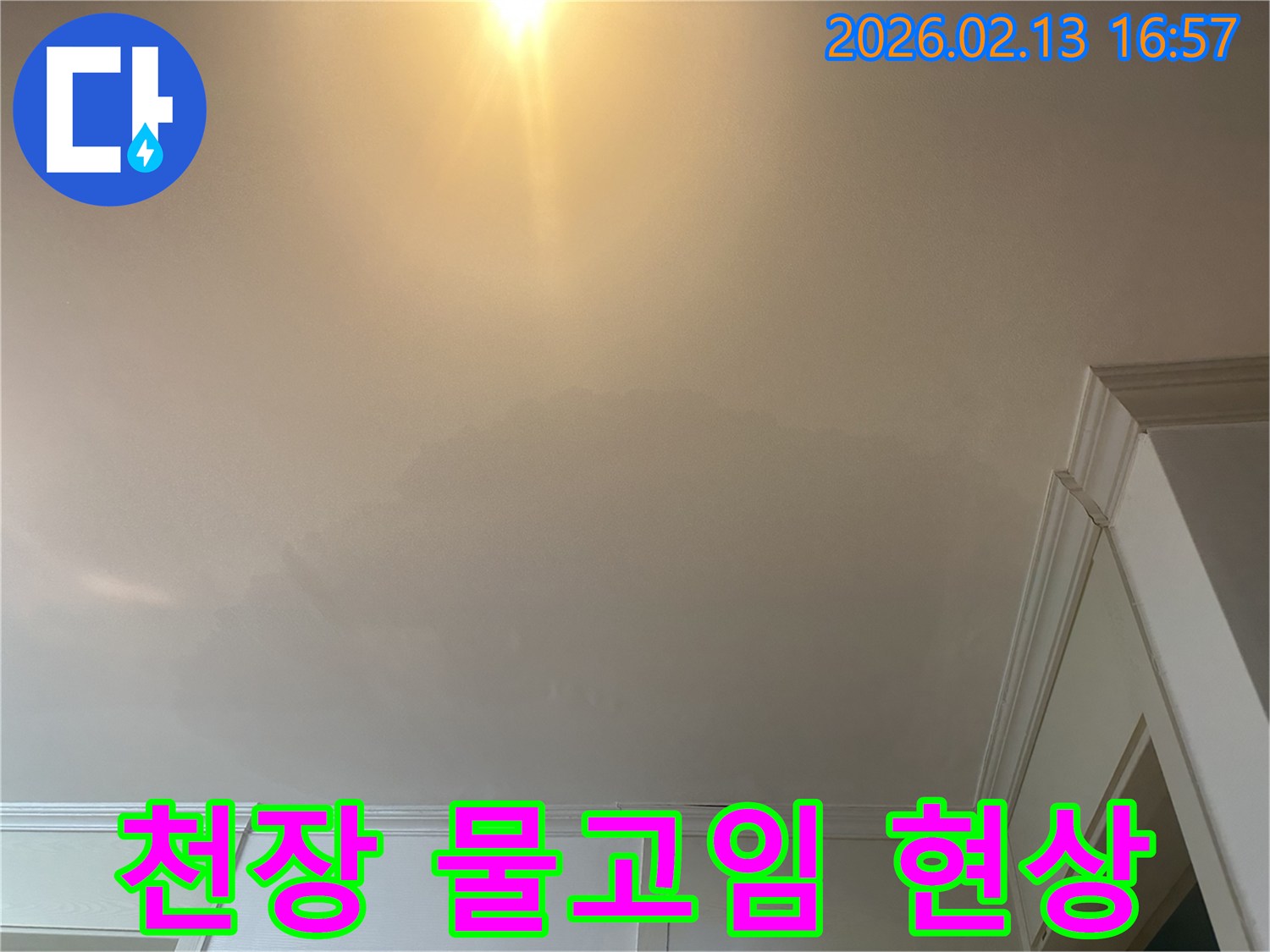 천장-표면이-물에-젖어-부풀어-오른-물고임-현상을-정밀하게-진단하고-있습니다