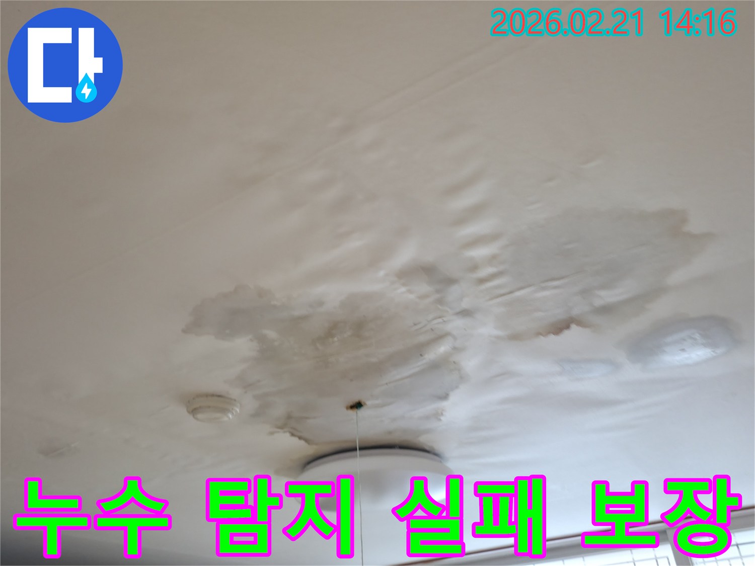 천장-누수로-인해-얼룩지고-손상된-부분을-보여주며-누수-탐지-실패-시-비용-청구-없음을-강조하는-사진