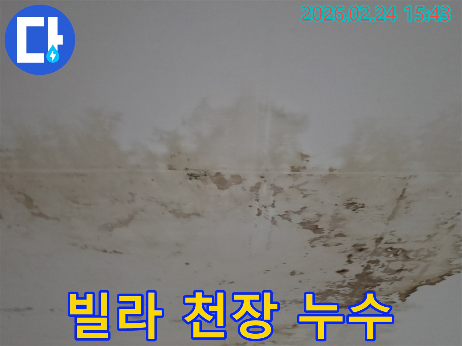 빌라 천장에 나타난 물자국과 곰팡이-배관 손상으로 인한 누수 가능성