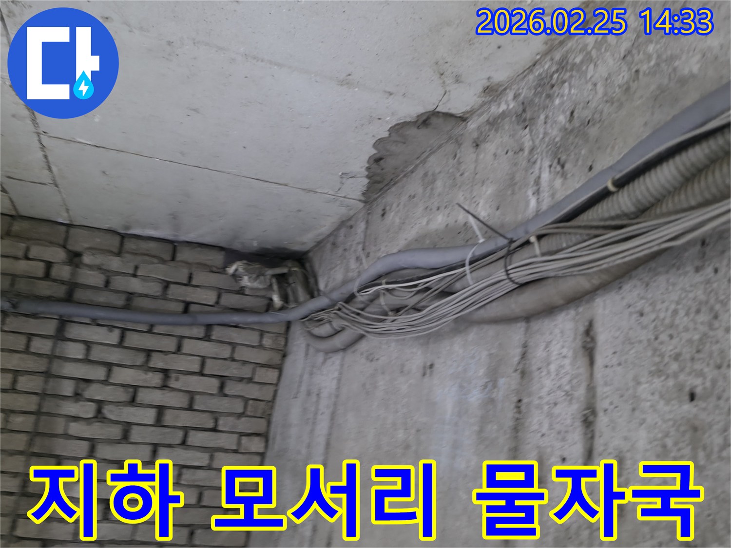 건물 지하의-구석진 공간에서-발견된-콘크리트 벽과-벽돌 벽의 접합부-물자국과 주변 배관