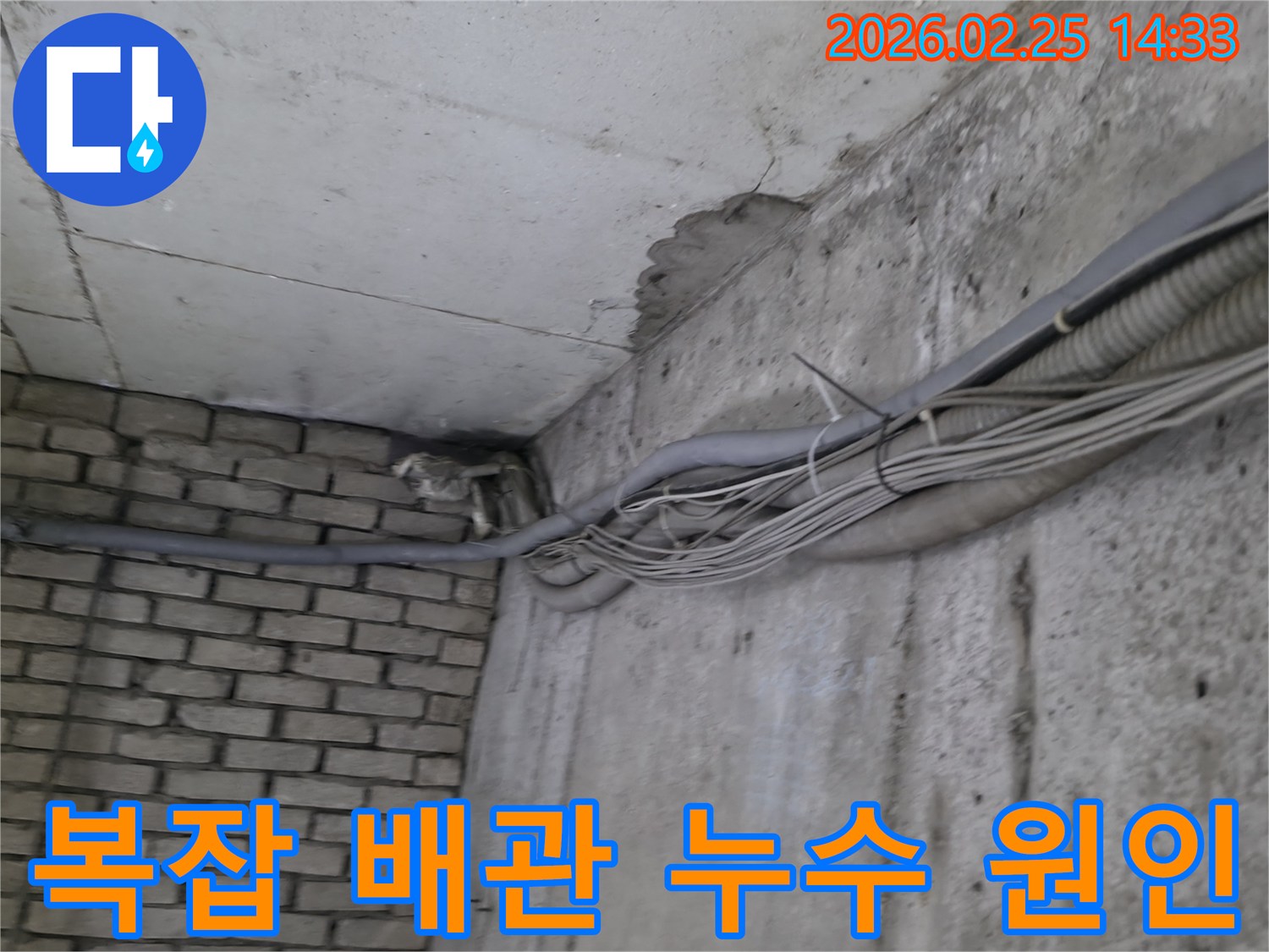 지하 벽면을 따라-복잡하게 설치된-다양한 배관과-전선 주변에서-발견된-오랜 누수로 인한-물자국과-벽면 손상