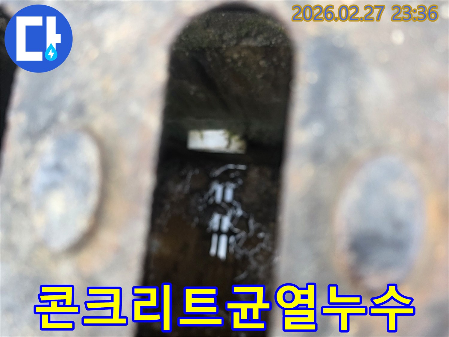 녹슨-철제-배수구-아래-고인-물과-물속에-잠긴-배관-주변-콘크리트-균열이-보이는-누수-현장