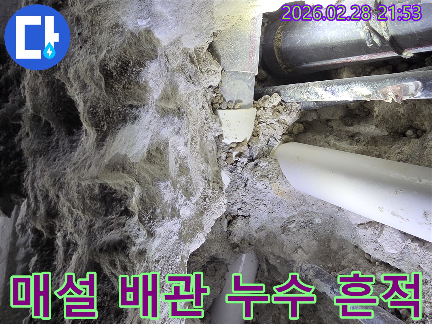 어두운 지하 공간에서-흙과 콘크리트 속에-묻힌 다양한 배관 주변의-누수 흔적을-면밀히 분석하는 모습