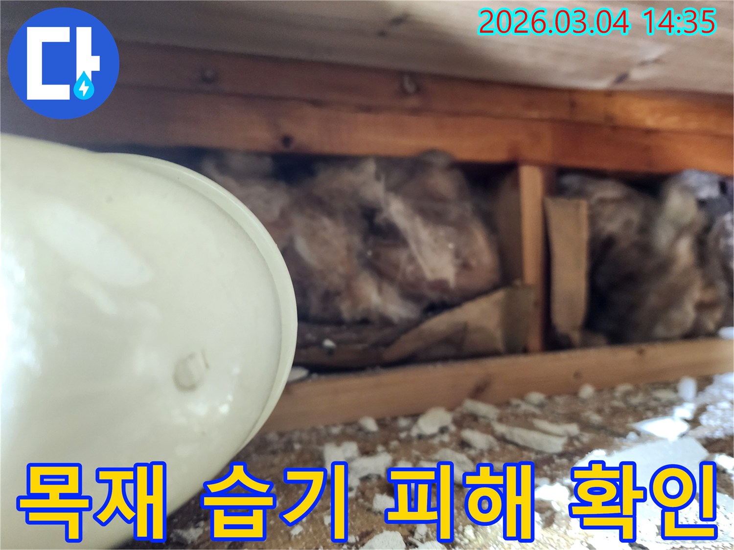 천장 내부의-누수로 인해-목재 구조물에-습기 피해가 발생하고-단열재가 젖어있는-현장을-누수 엔지니어가-확인하는 모습
