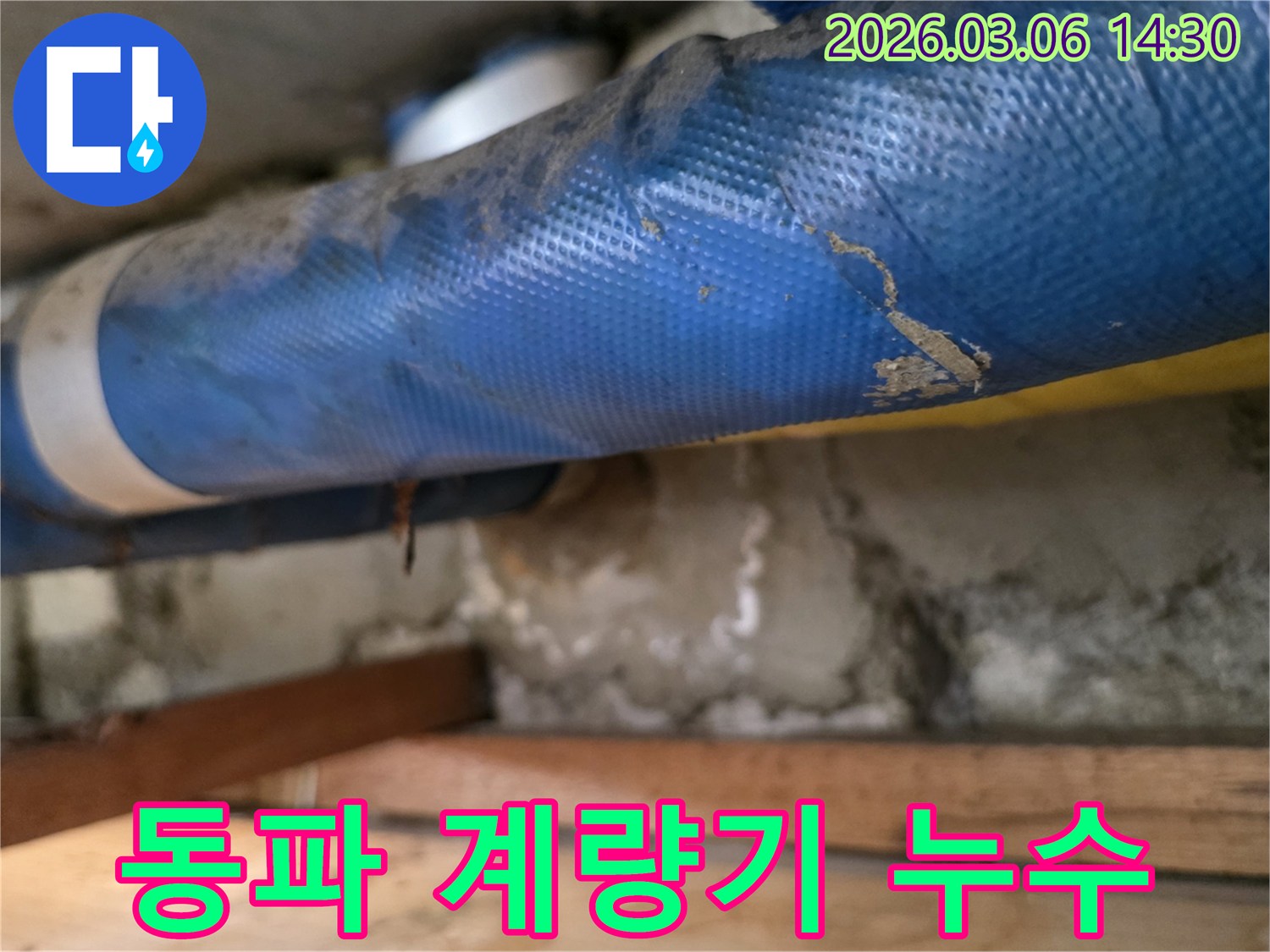 빌라 외부-파란색 수도 계량기 배관과-젖은 콘크리트 벽면-그리고 나무 지지대를-꼼꼼히 점검하는 모습