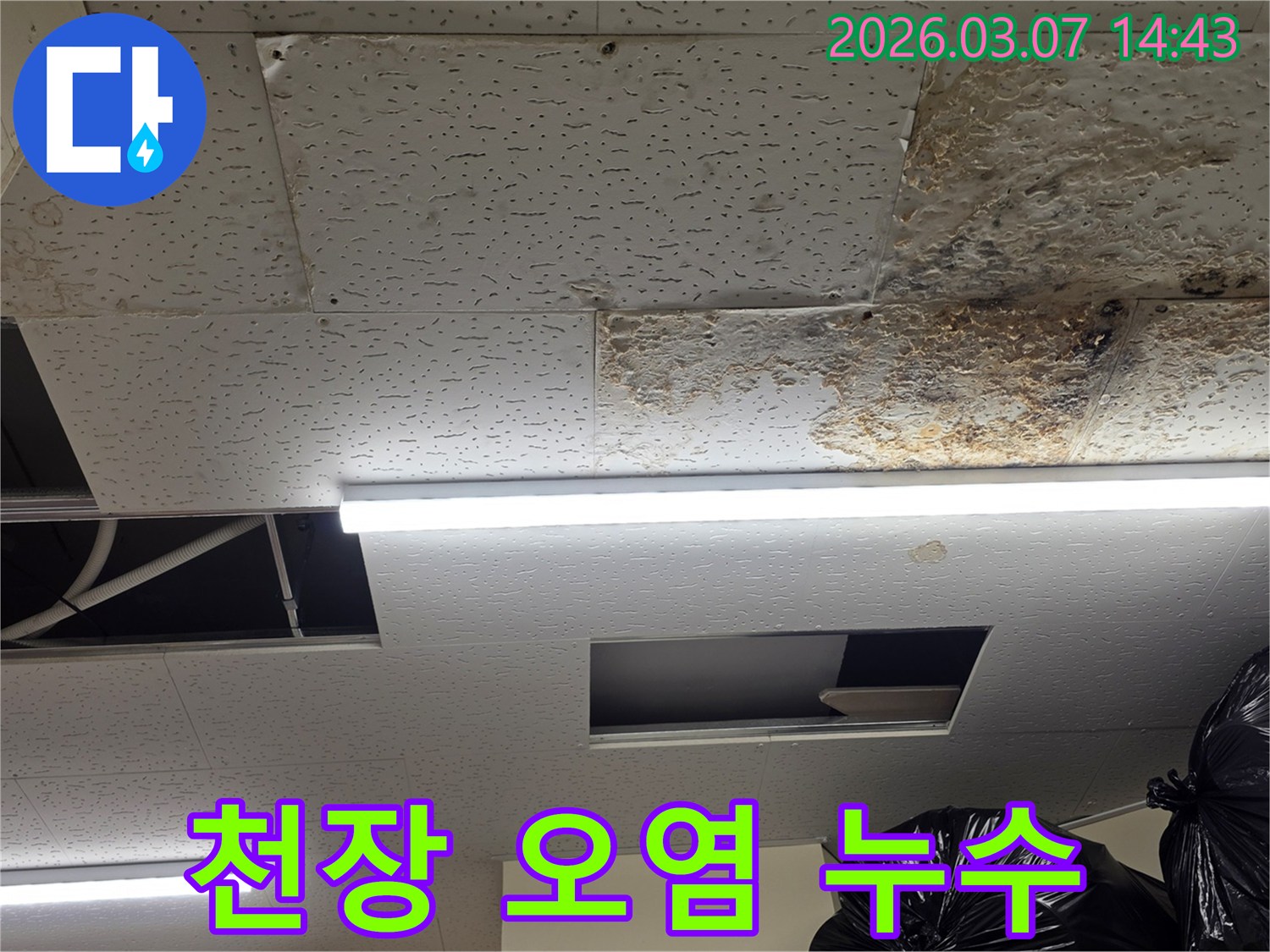 누수로-인해-천장 텍스가-심하게-오염되고-지저분해진-현장의-모습을-담은-사진입니다