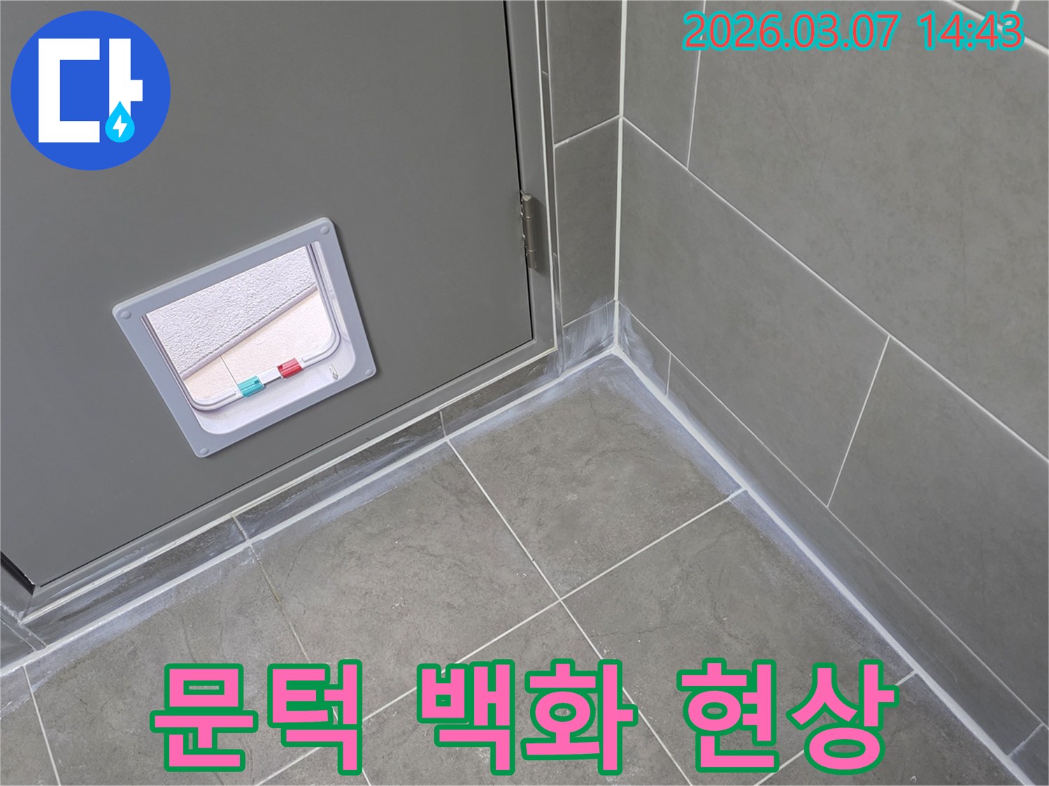 이 사진은 회색 문턱과 인접한 타일 바닥-그리고 벽면 경계에 나타난 흰색 백화 현상으로-내부 누수 문제를 시사합니다.