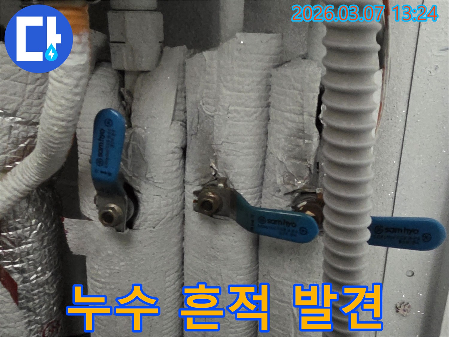 단열된 배관과 밸브 주변에서 누수 흔적을 발견하고 초기 대처를 위한 전문가의 조언을 준비하는 모습입니다.