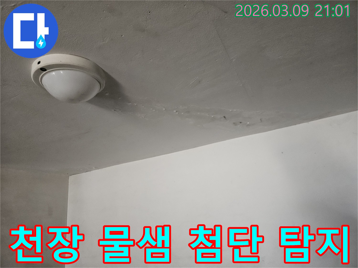 천장-조명-주변에-물이-새어-나와-젖은-자국이-보이는-곳으로-첨단-장비를-활용한-누수-탐지가-필요한-현장입니다