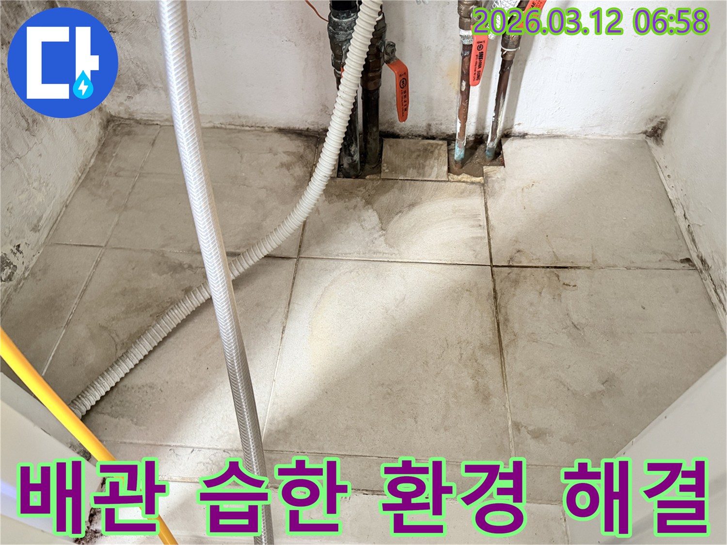 배관과-벽면-주변-타일의-젖은-흔적과-곰팡이가-보이는-누수-의심-현장-사진