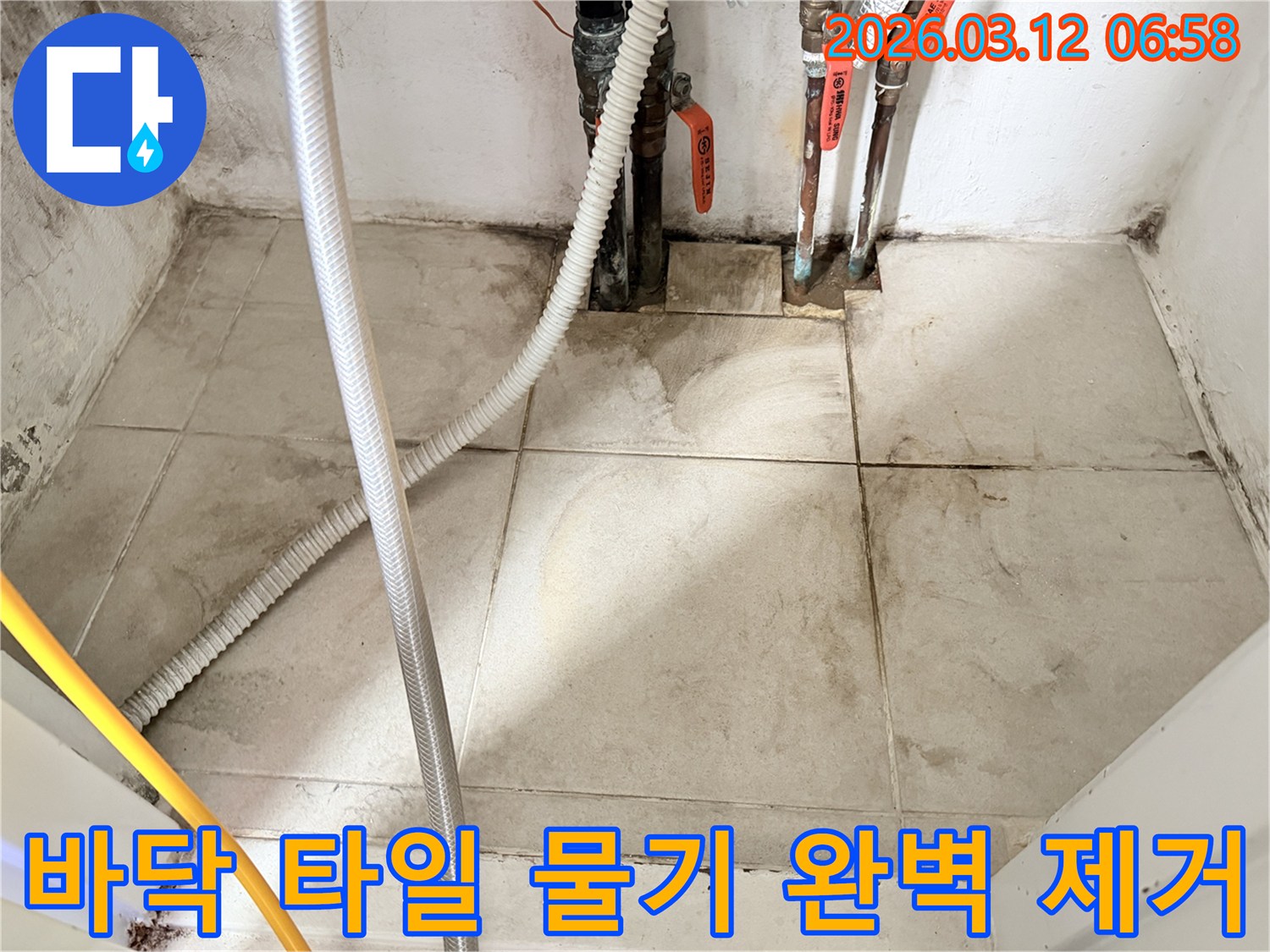 오염되고-젖은-바닥-타일과-줄눈의-상태를-보여주는-누수-현장-사진
