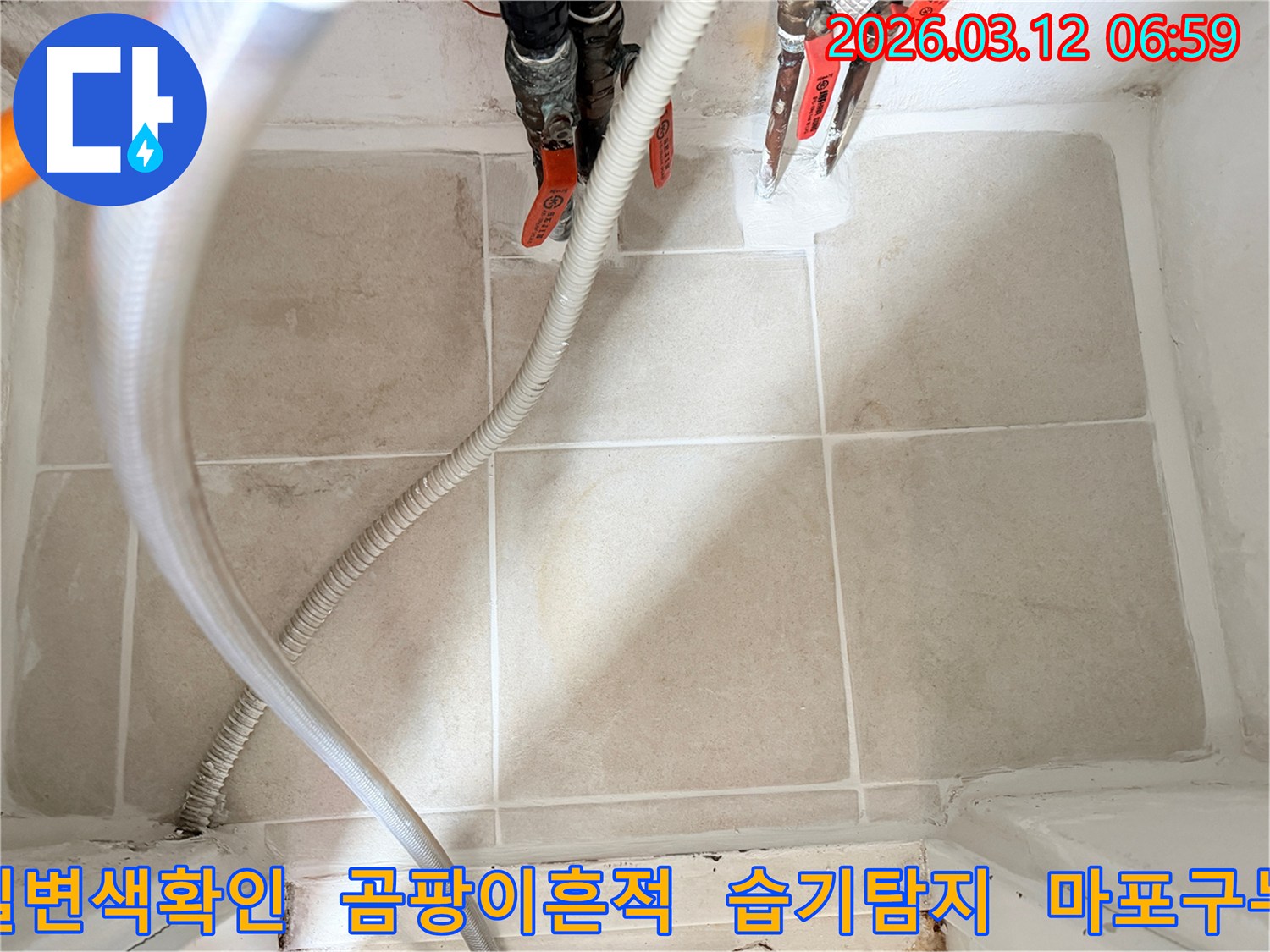 이 이미지는-누수 엔지니어가-마포구의 한 건물에서-타일의 변색과-곰팡이 흔적을-집중적으로-분석하는-과정을-보여줍니다