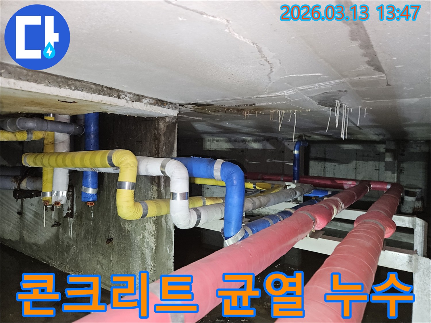 천장 콘크리트에-선명하게 보이는 균열과-그로 인해 발생한-누수 흔적-그리고 석회 침전물이-보이는 현장 사진