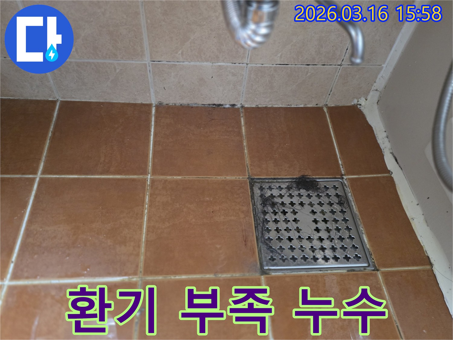 욕실 바닥의-오염된 줄눈과-곰팡이가-환기 부족으로 인한-지속적인 습기 축적과-누수 발생의-연관성을 보여줍니다
