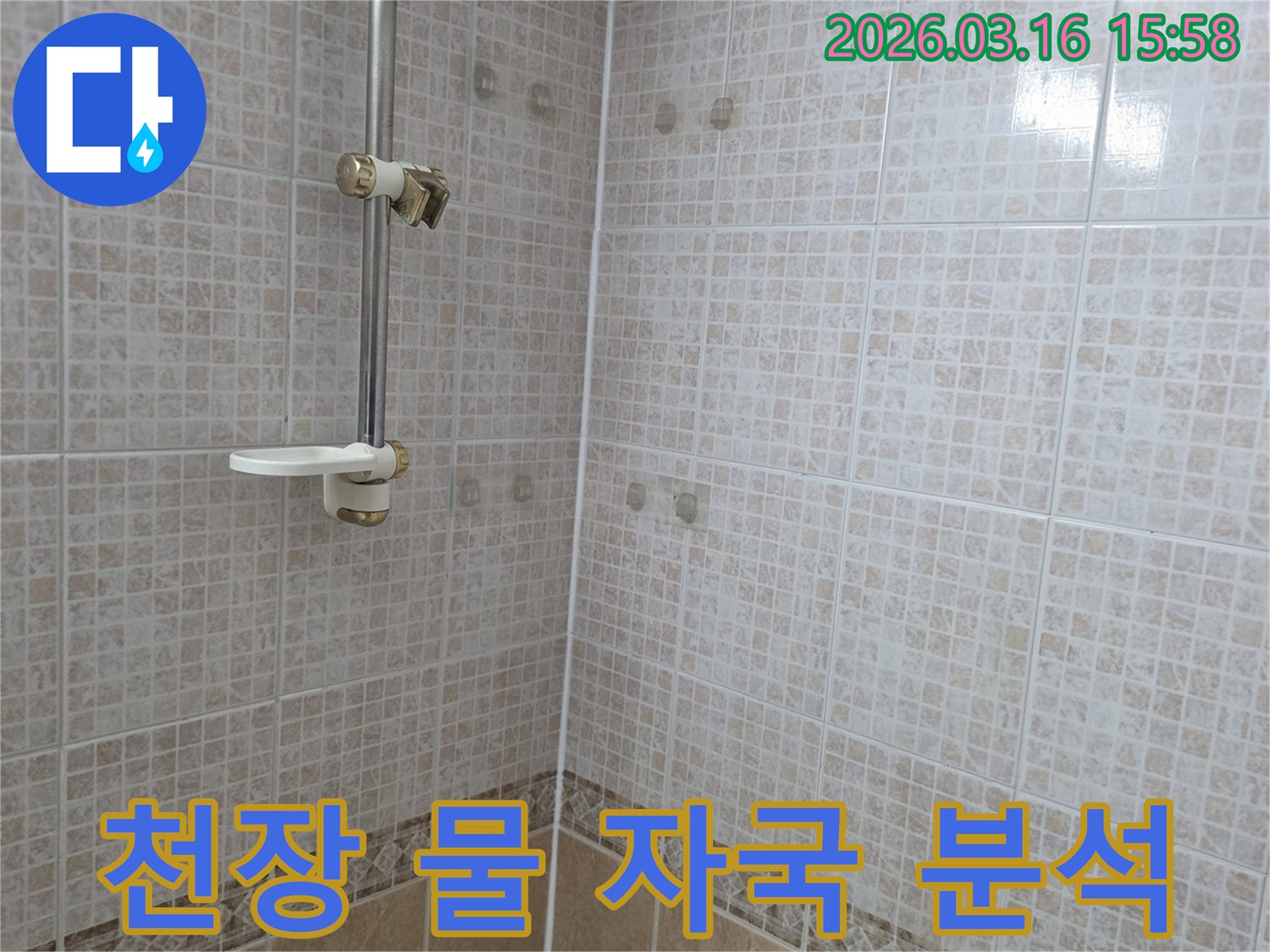 욕실 천장 타일에 누수로 생긴 물 자국을-누수 전문가가 면밀히 분석하는 현장 사진