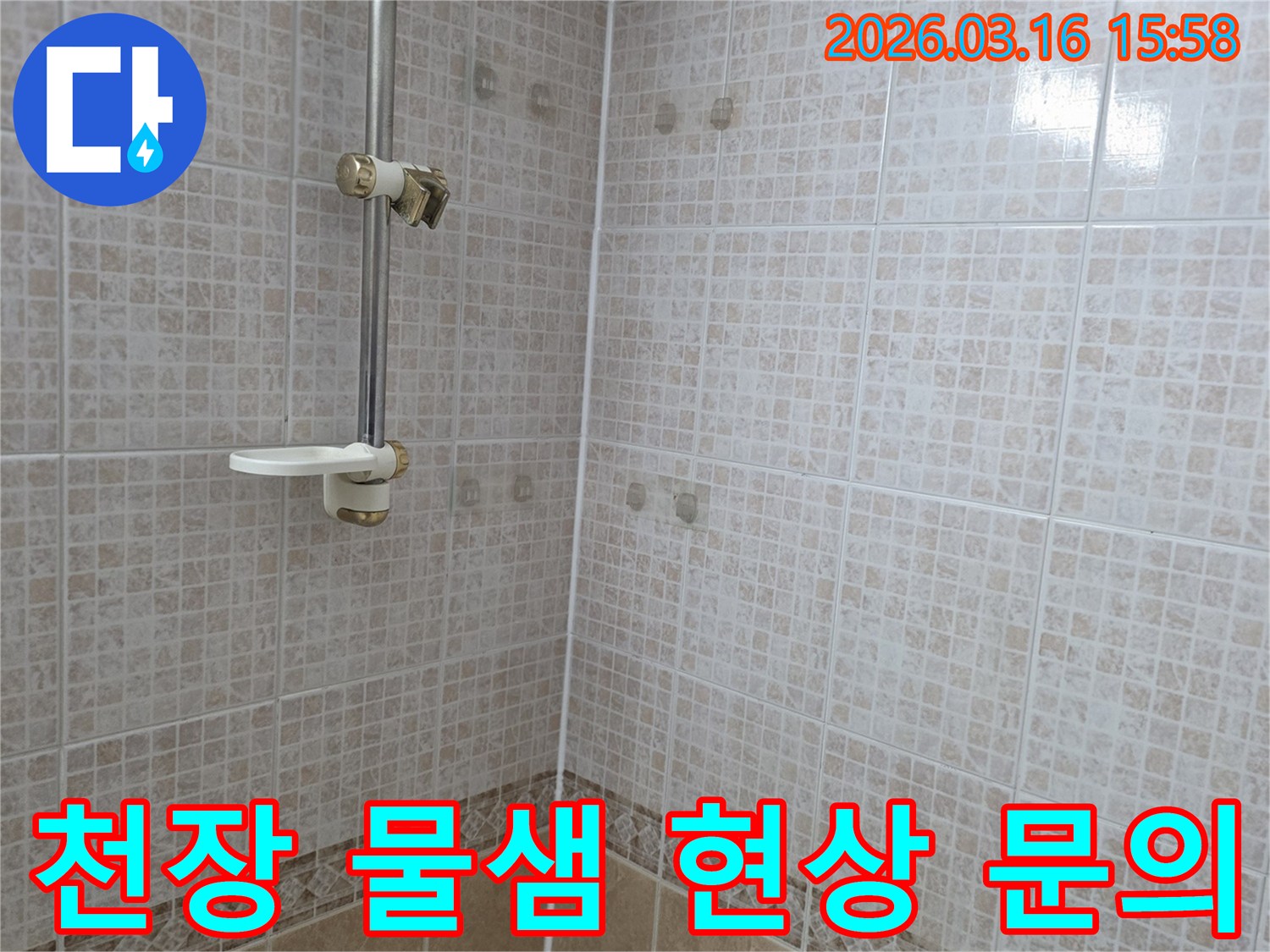 욕실 천장 타일에 누수로 인한 물 얼룩이 생긴-현장을 누수 전문가에게 상담하는 고객의 모습