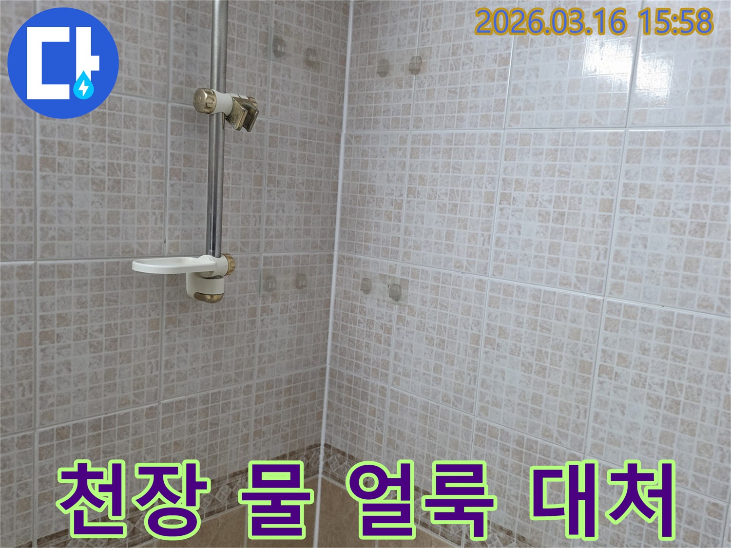 욕실 천장 타일에 물이 새어 생긴-초기 물 얼룩을 발견했을 때-누수 전문가가 대처법을 설명하는 모습